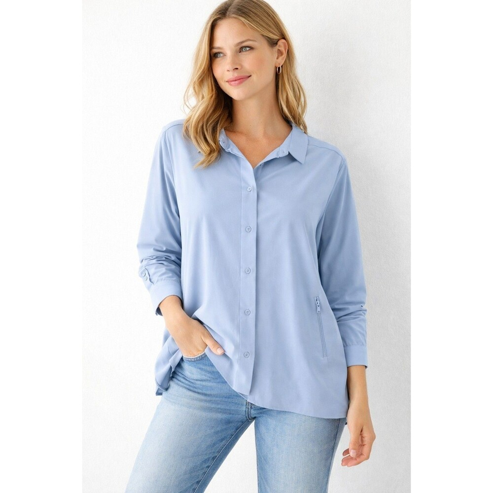 Athleta Women’s XS Blue Button Front Blouse Zip Pocket Lightweight NWOT